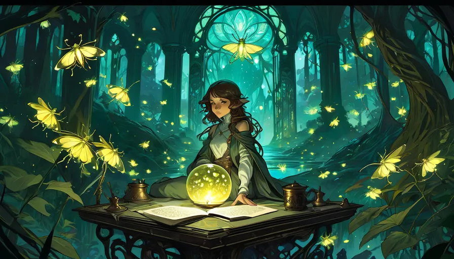 a girl sitting on a table in a forest