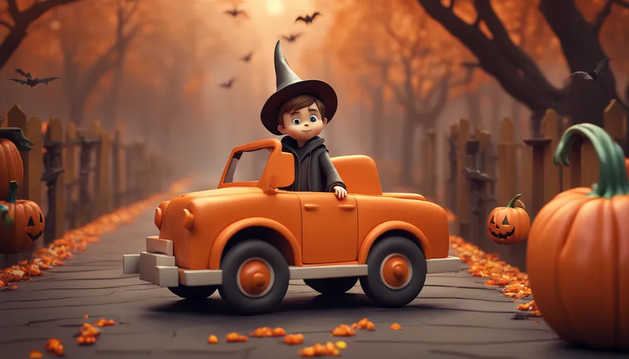 a little boy dressed as a witch driving a truck through a pumpkin patch