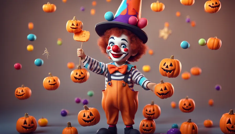 a clown is surrounded by pumpkins and candies