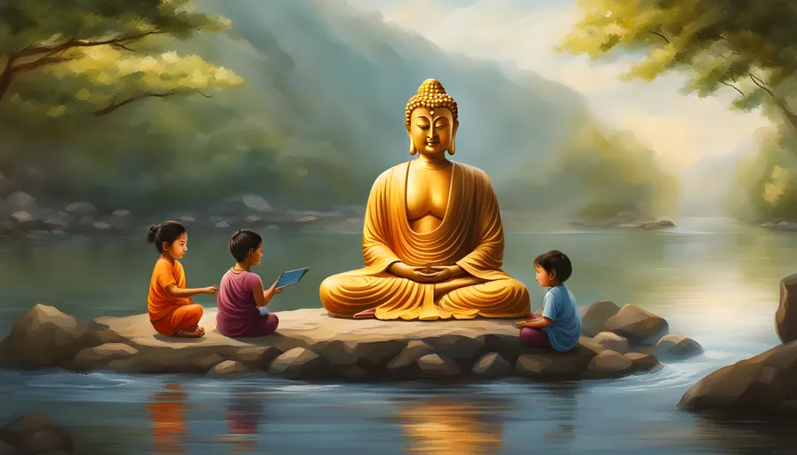 a painting of three children sitting on a rock in front of a buddha statue