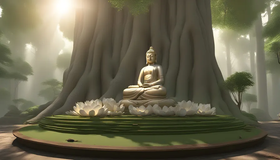 a buddha statue sitting in the middle of a forest