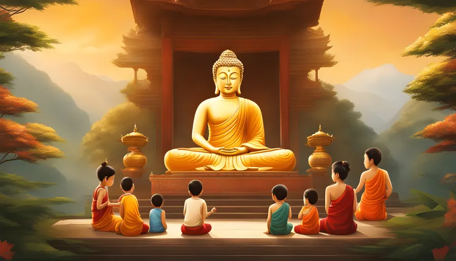 a group of people sitting in front of a buddha statue