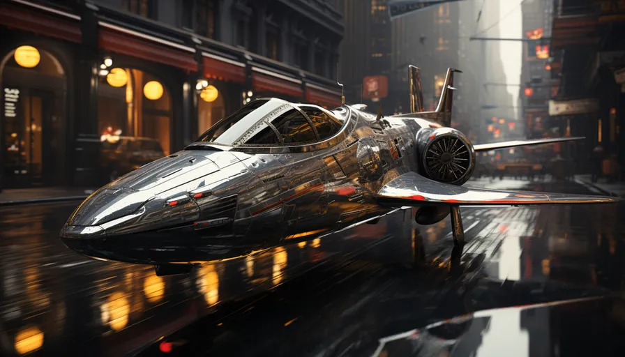 a silver airplane sitting on top of a wet street