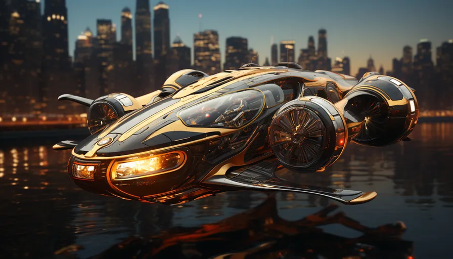 a futuristic car floating on top of a body of water