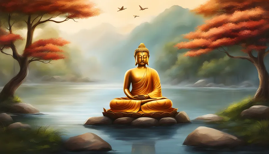 a painting of a buddha statue sitting on a rock in the middle of a river