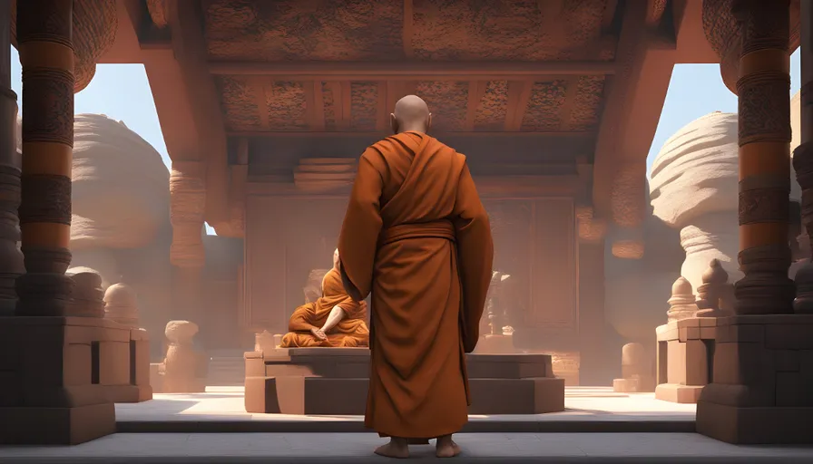 a monk standing in front of a building