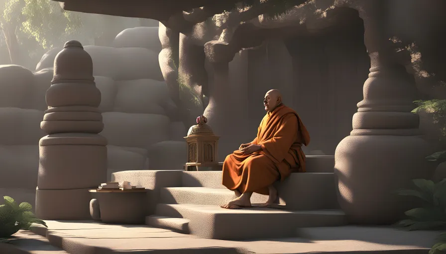 a monk sitting on a set of steps