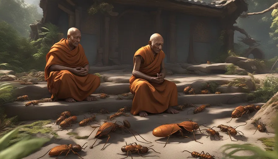 two monks sitting in front of a group of bugs