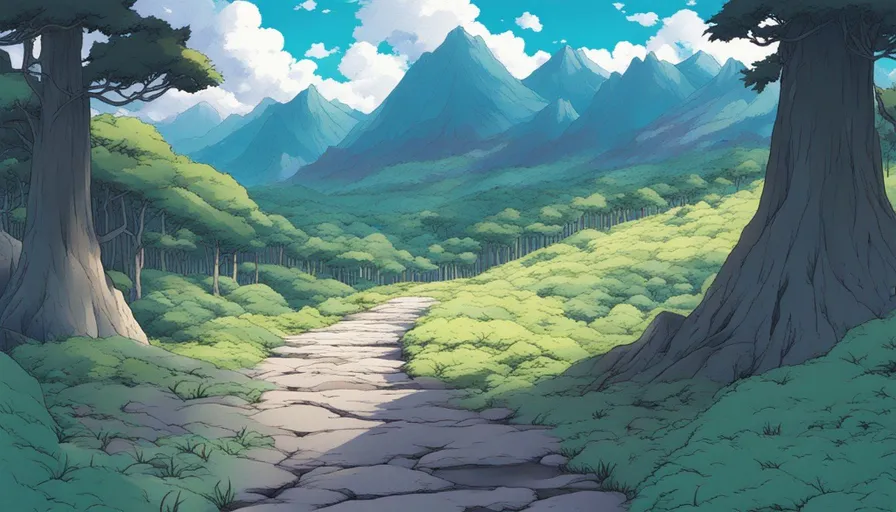 a cartoon scene of a path through a forest