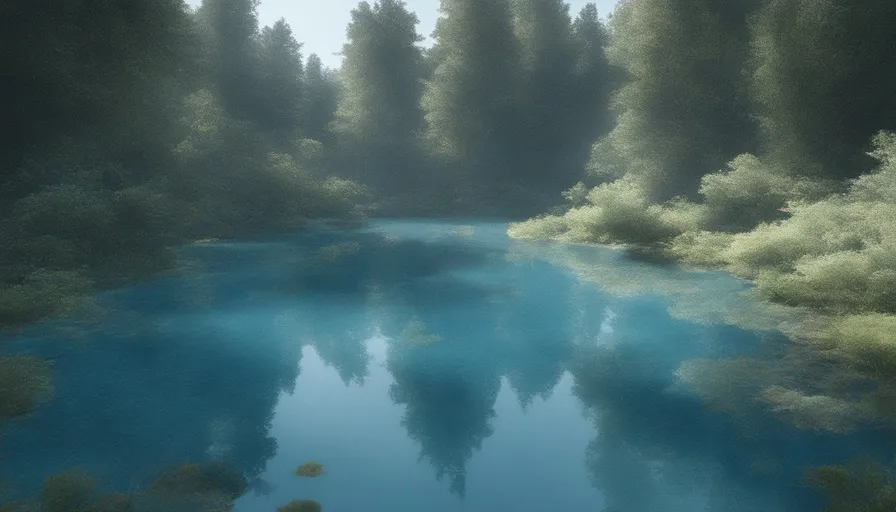 a painting of a river surrounded by trees