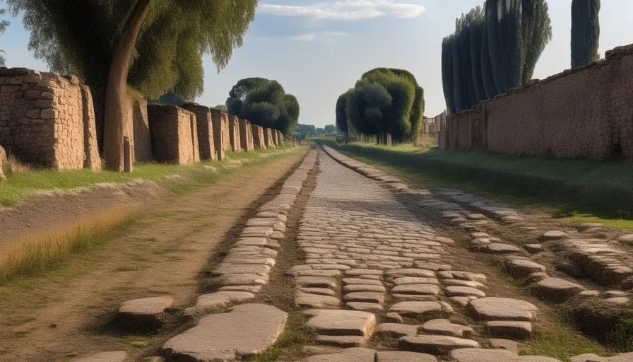 a cobblestone road with trees on either side