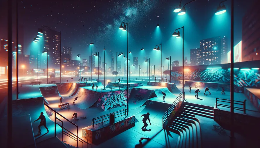 a group of skateboarders in a skate park at night