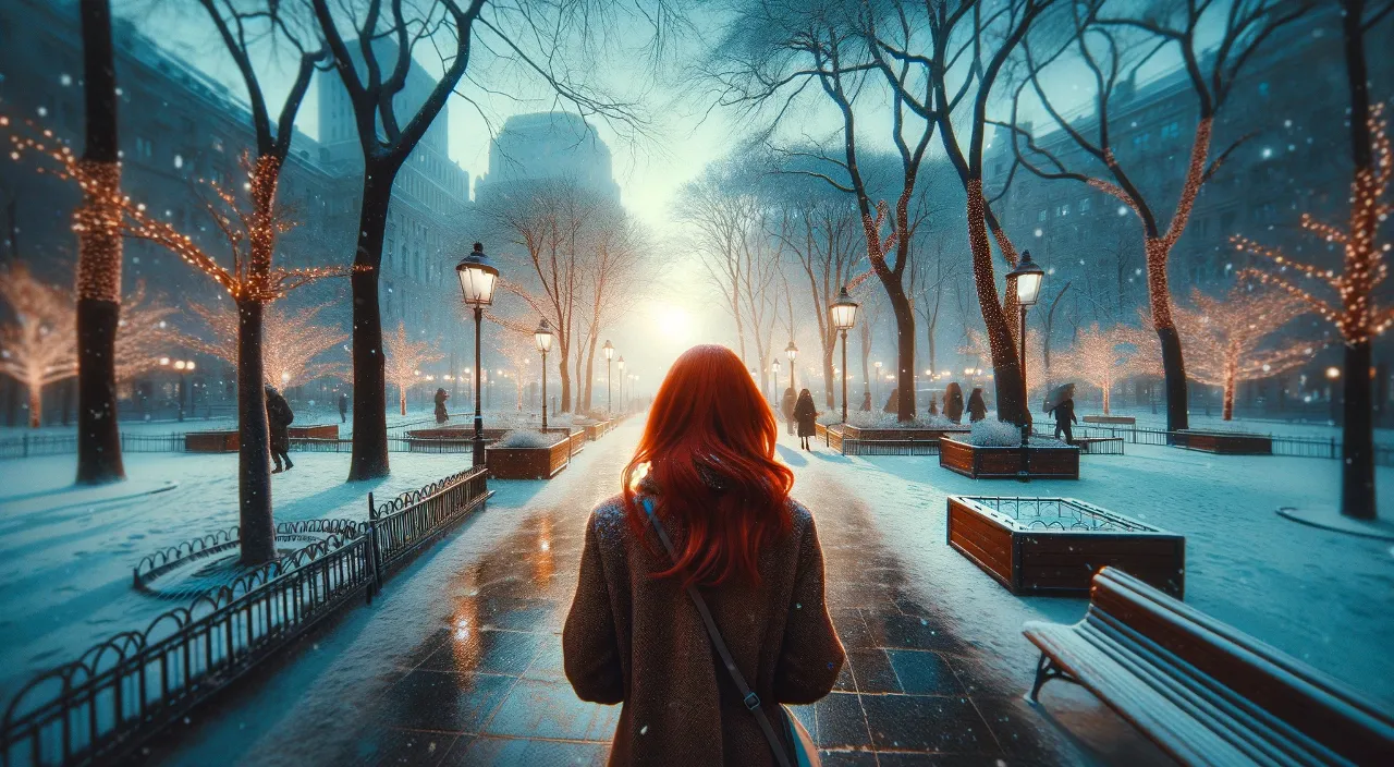 a woman walking woman with red hair walking through the park in the snow.