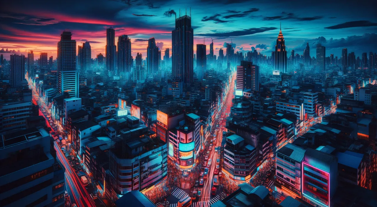 a bustling cityscape at twilight, showcasing a lively urban environment with towering skyscrapers, neon signs, and busy streets