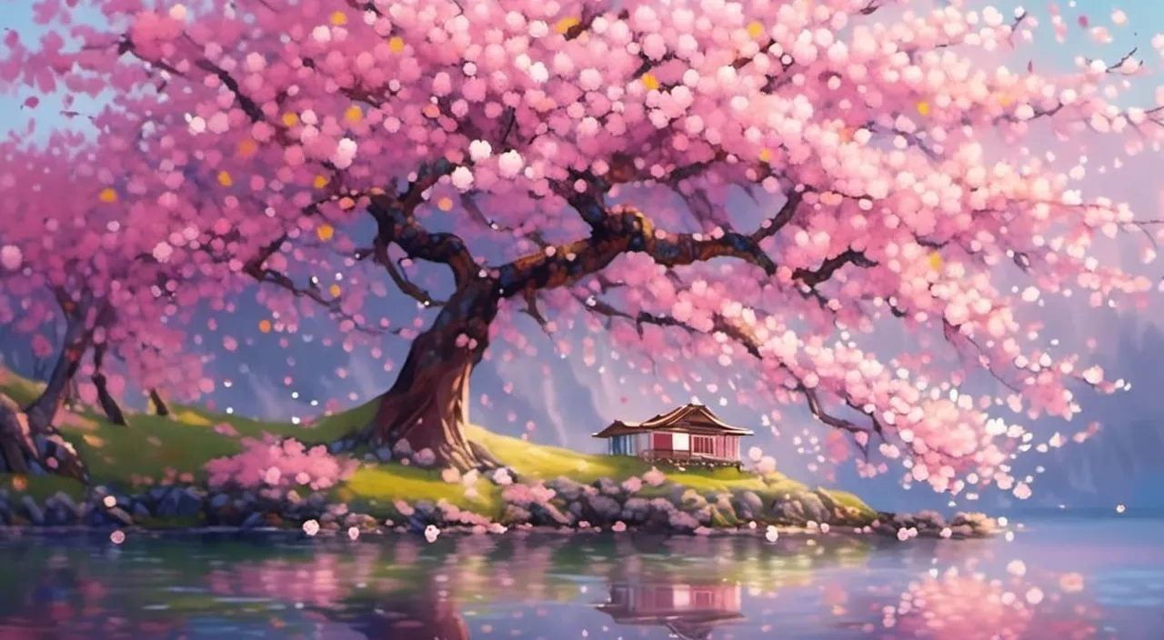 a painting of a tree with a house in the background