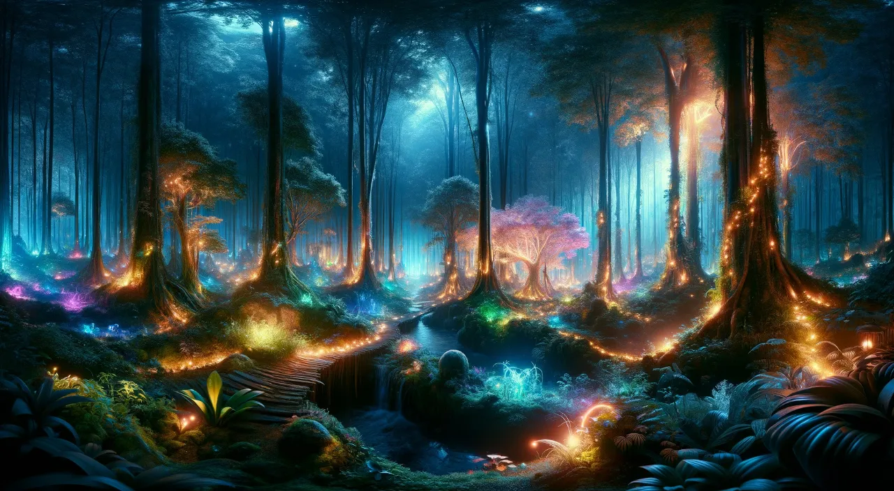 a painting of a mystical forest filled with lots of glowing trees, flora, and faun.