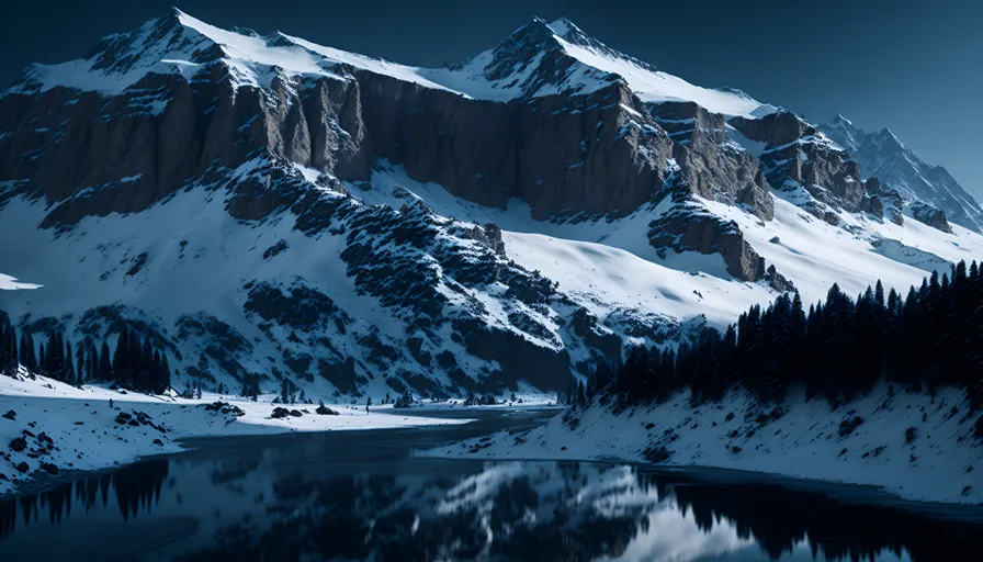a snow covered mountain with a lake in the foreground
