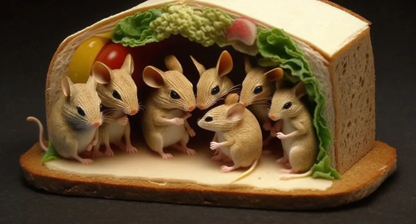 a group of mice sitting inside of a sandwich