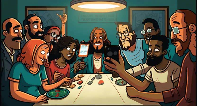 a group of people sitting around a table with cell phones