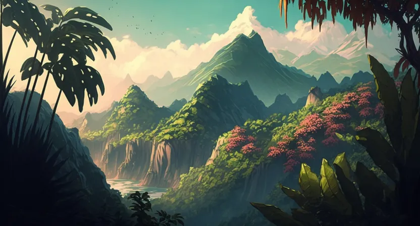 a painting of a tropical landscape with mountains and trees