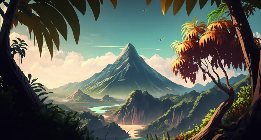 a painting of a mountain surrounded by trees