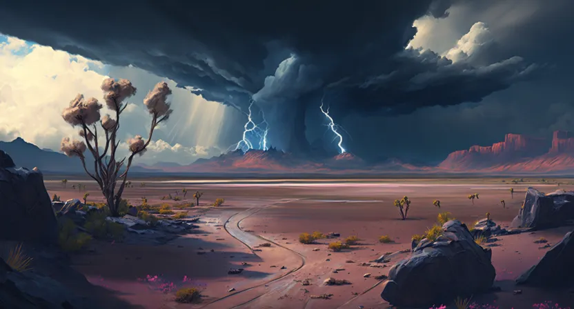 a painting of a desert scene with a storm coming in