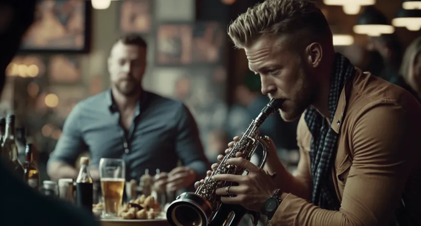 a man sitting at a bar playing a saxophone