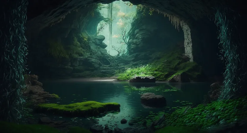 a cave filled with lots of green plants and water