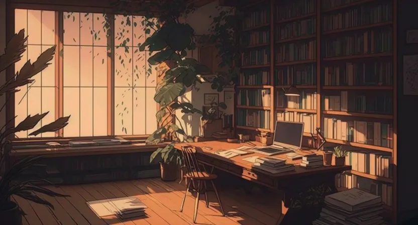 a room filled with lots of books and plants