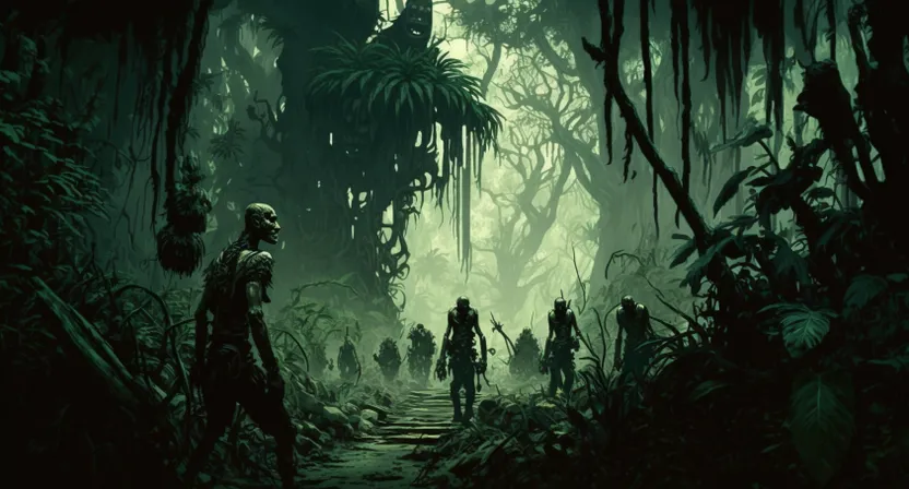 a group of zombies walking through a jungle