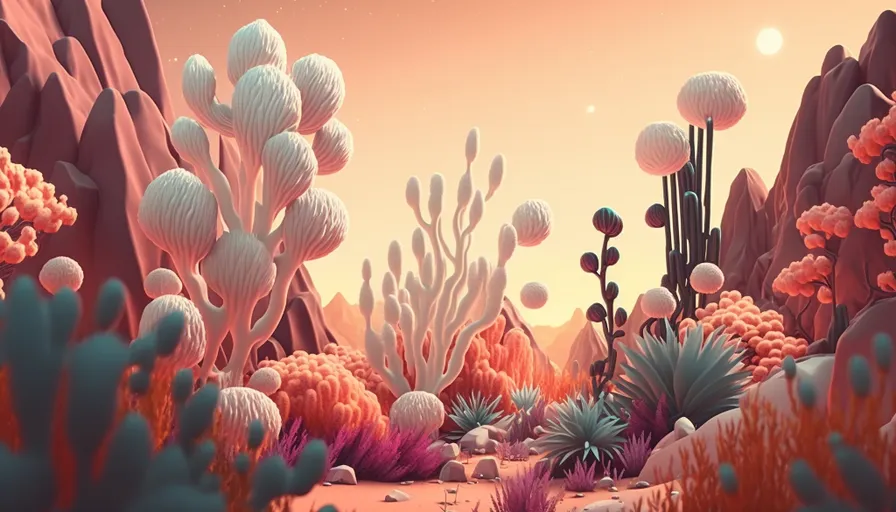 a digital painting of a desert scene with cacti and plants
