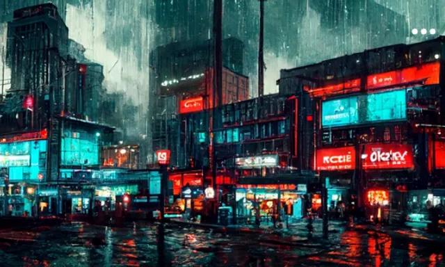 a painting of a city at night in the rain