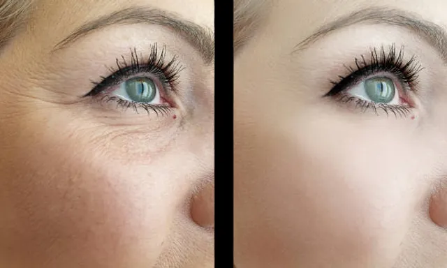a woman with blue eyes and long eyelashes