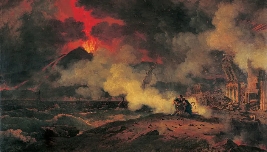 a painting of a man and a woman standing in front of a fire