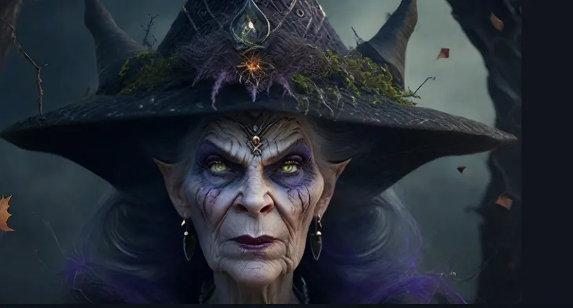 a woman wearing a witches hat with horns