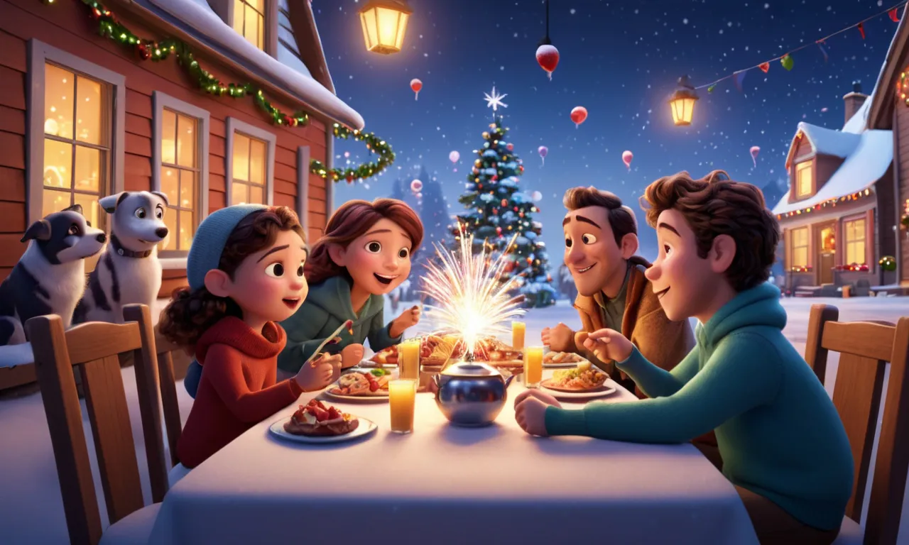 a group of people sitting around a table eating food, Cartoon, Pixar, pixar style, 3d, 3d render, super realistic, Pixar movie, fantastic, illustration, Christmas, new year, winter, snow