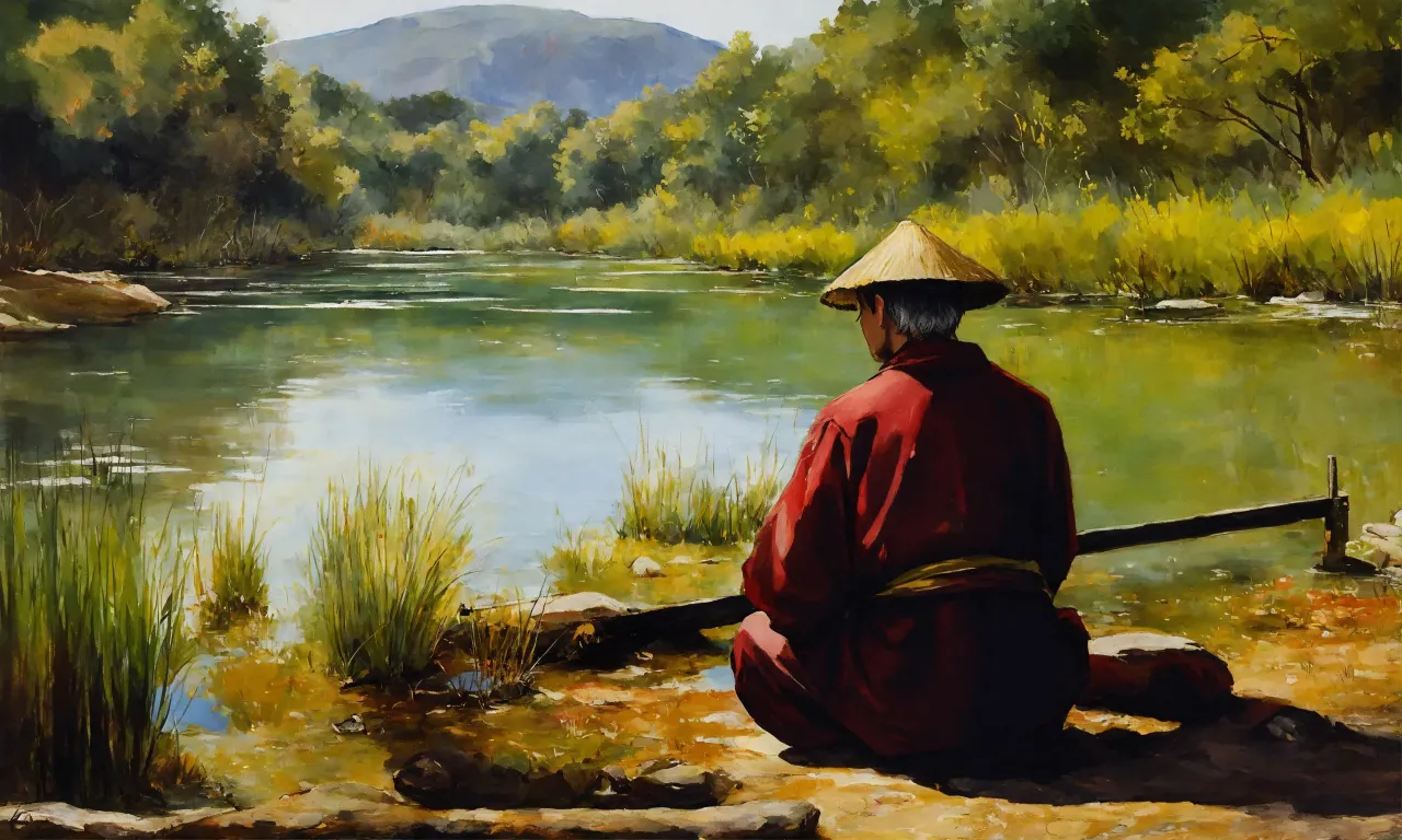 a painting of a person sitting by a river