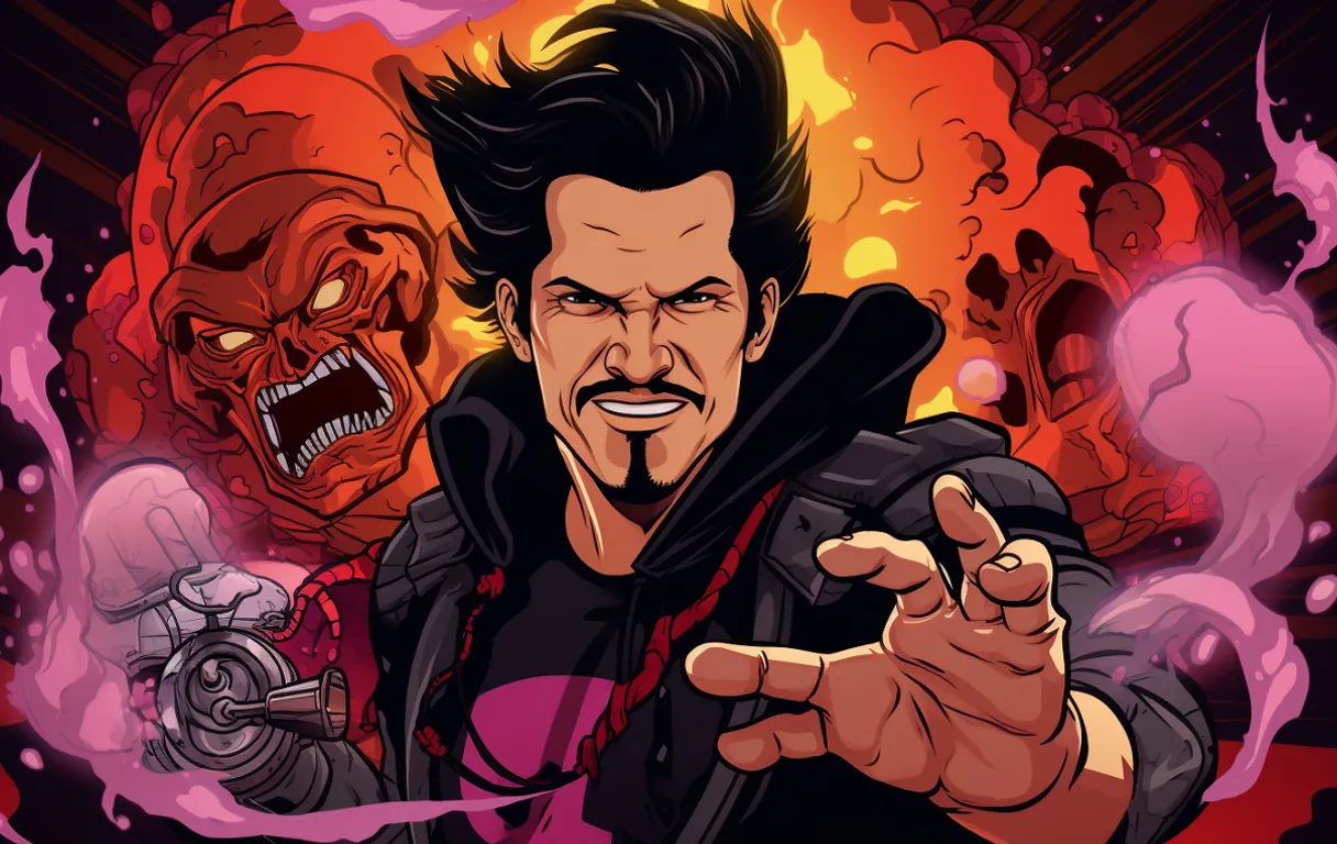 John leguizamo as a super villain with powers, masterpiece style, detailed cartoon illustration, Becky cloonan style