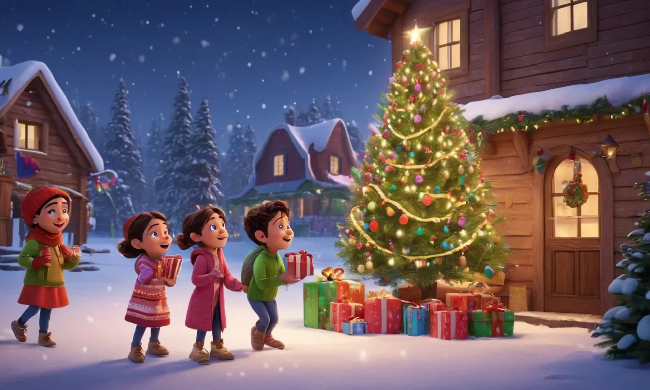 a group of children standing in front of a christmas tree, Cartoon, Pixar, pixar style, 3d, 3d render, super realistic, Pixar movie, fantastic, illustration, Christmas, new year, winter, snow