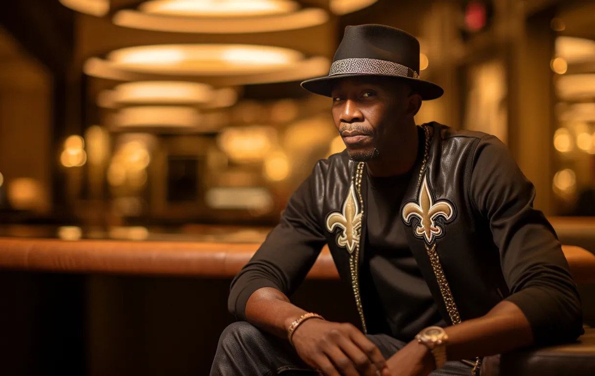 skinny black man new orleans saints fan wearing new orleans saints logo louis vuitton apparel, new orleans saints logo on his shirt and hat, in a luxury hotel room with elegant new orleans saints logo decor 4k, ultra high definition