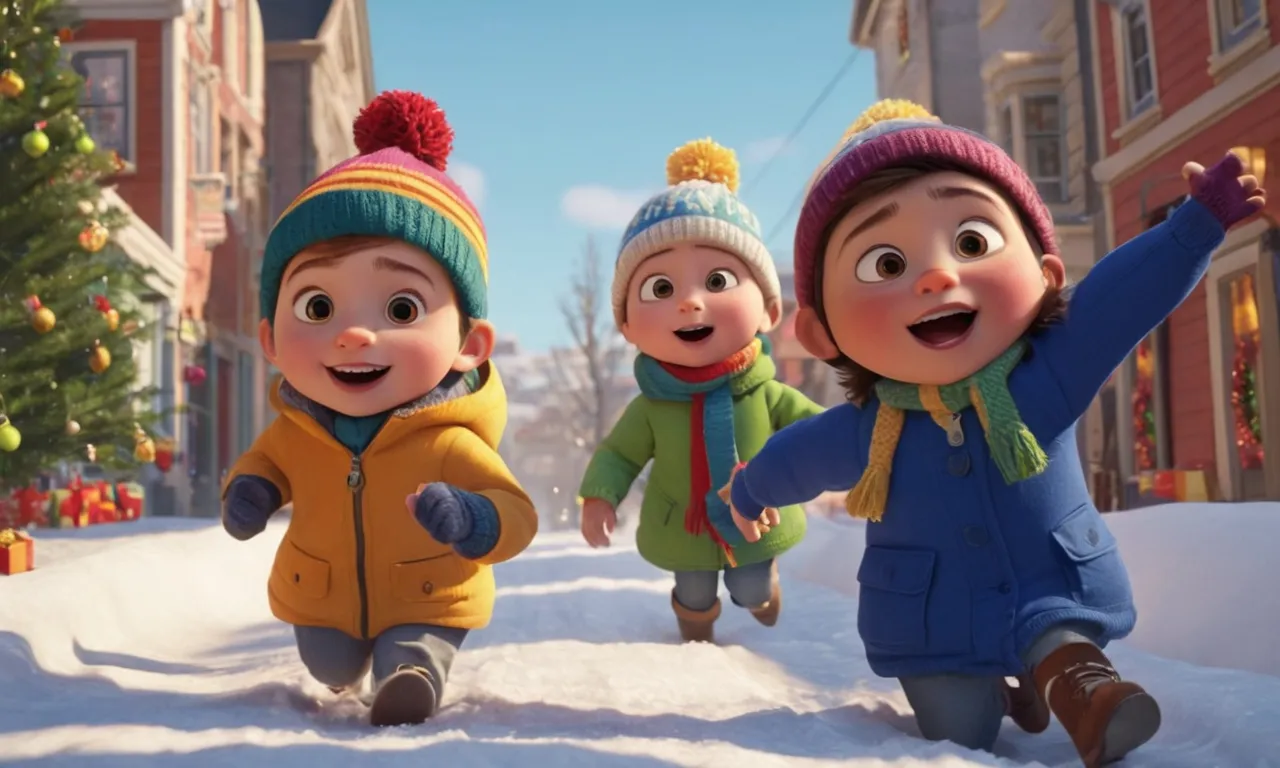 a group of children walking down a snow covered street