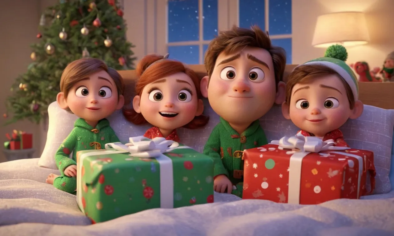 a group of people laying on top of a bed next to a christmas tree, Cartoon, Pixar, pixar style, 3d, 3d render, super realistic, Pixar movie, fantastic, illustration, Christmas, new year, winter, snow