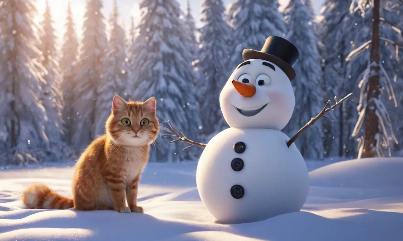 a cat sitting next to a snowman in the snow, Cartoon, Pixar, pixar style, 3d, 3d render, super realistic, Pixar movie, fantastic, illustration, Christmas, new year, winter, snow