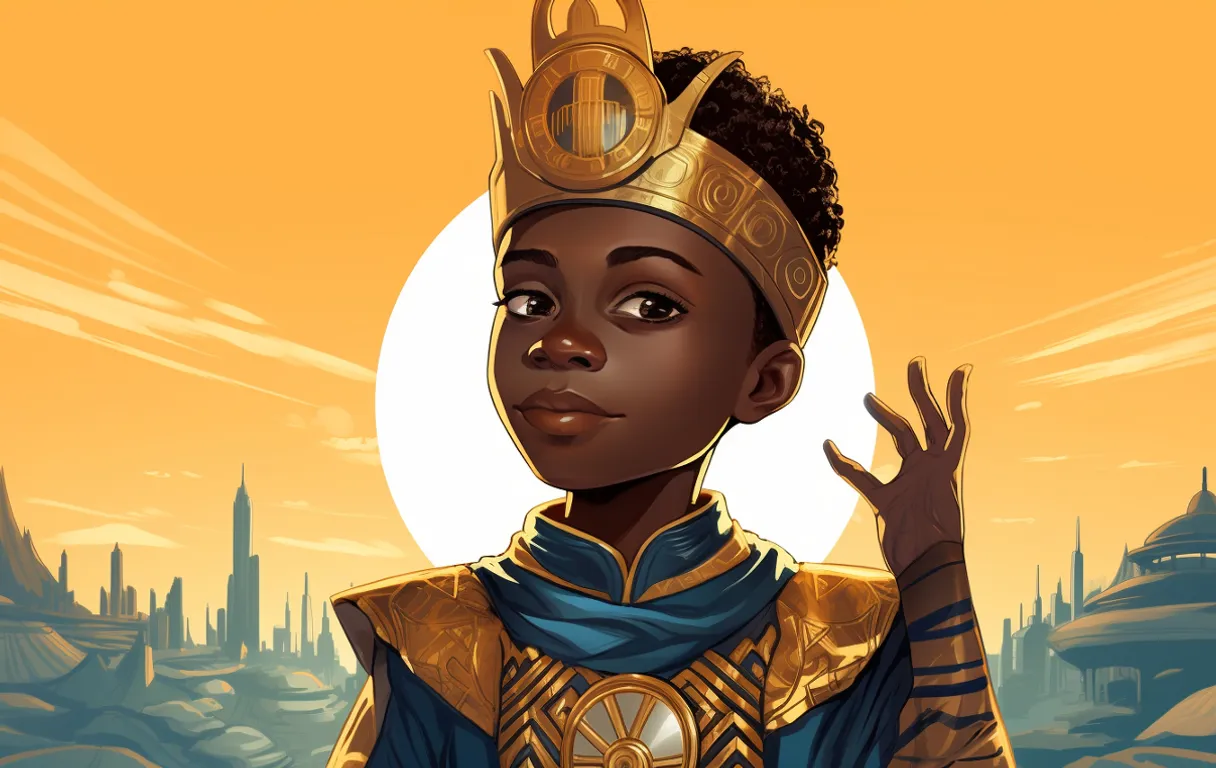 a cartoon of a black boy prince iwearing a golden crown, doing sign language 