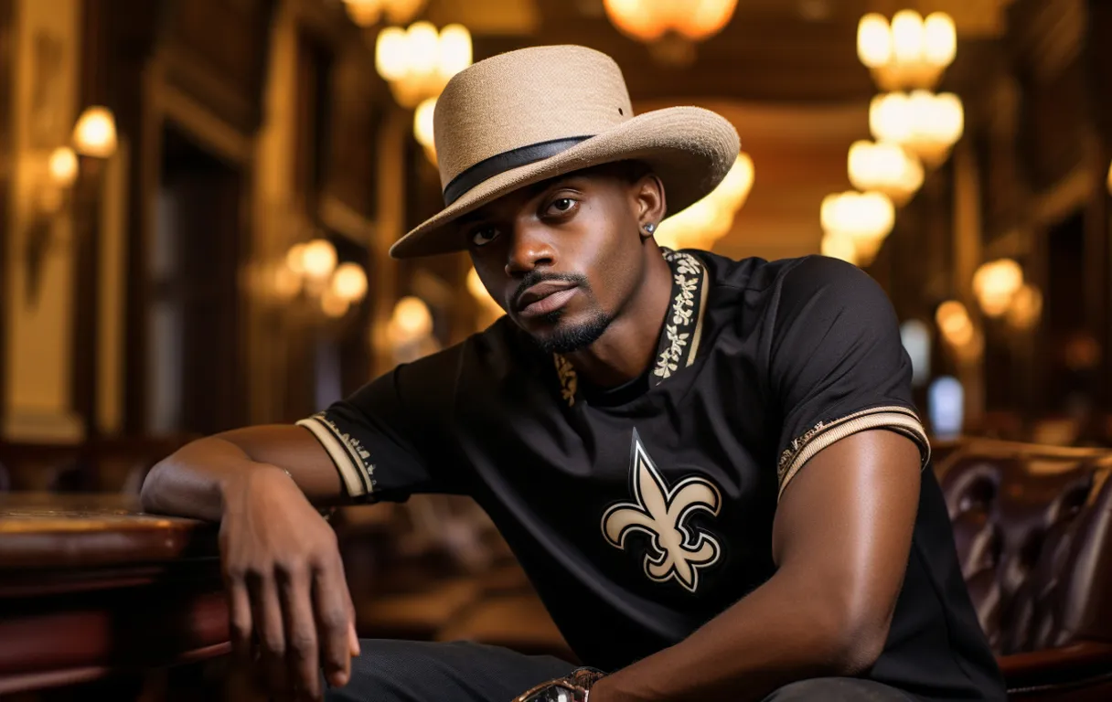  black man new orleans saints fan wearing new orleans saints logo louis vuitton apparel, new orleans saints logo on his shirt and hat, in a luxury hotel room with elegant new orleans saints logo decor 4k, ultra high definition