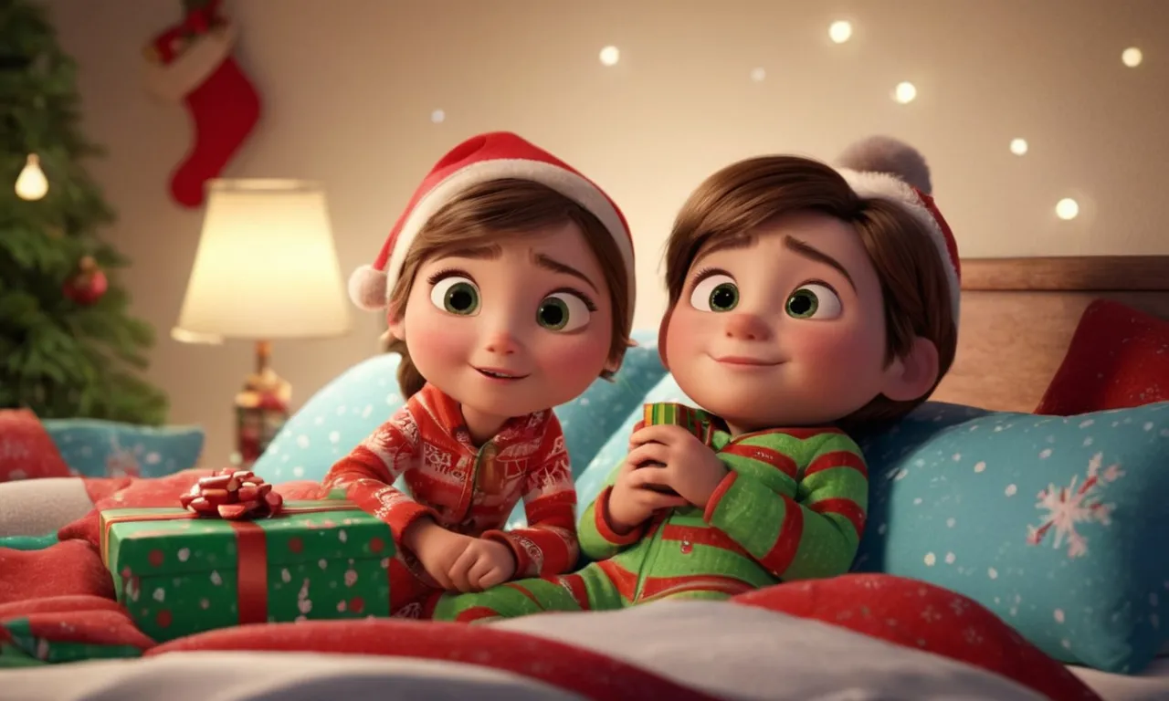 a couple of kids laying on top of a bed next to a christmas tree, Cartoon, Pixar, pixar style, 3d, 3d render, super realistic, Pixar movie, fantastic, illustration, Christmas, new year, winter, snow