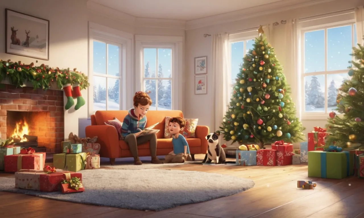 a boy and a boy sitting on a couch in front of a christmas tree, Cartoon, Pixar, pixar style, 3d, 3d render, super realistic, Pixar movie, fantastic, illustration, Christmas, new year, winter, snow