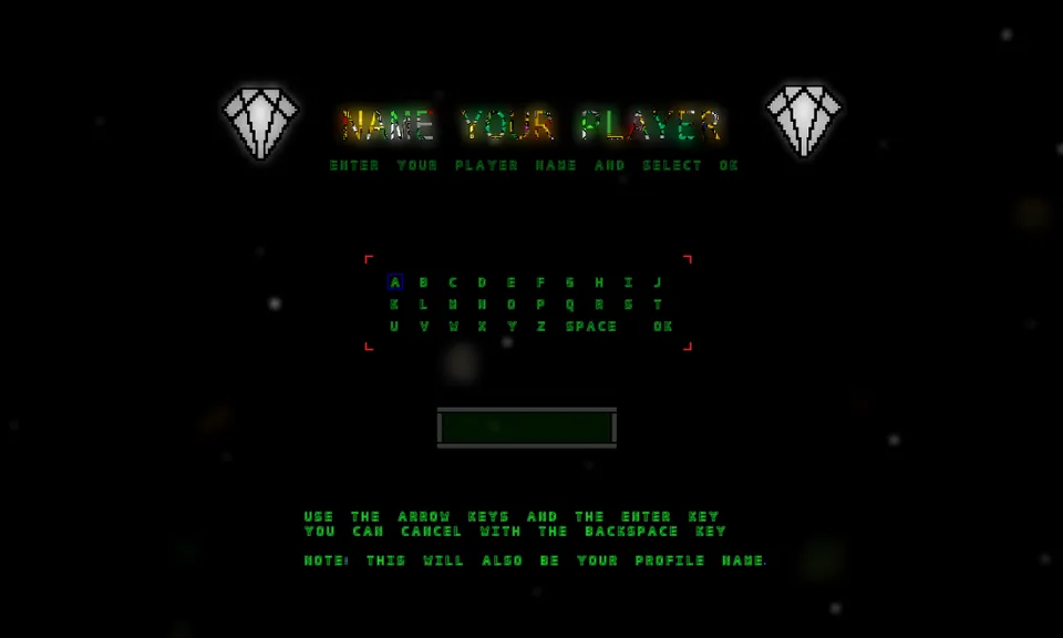 a screen shot of a game with the words "NAME YOUR PLAYER" space, darkness, multimedia, electronic signage, event, signage, automotive lighting