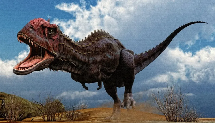 a large dinosaur with its mouth open on a dirt field