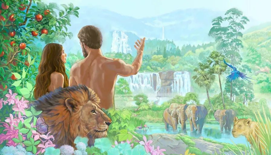 a painting of a man and a woman in the jungle
